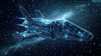 Poster - The hologram is a rocket. A spaceship made of polygons, triangles of points and lines. Journey to the stars low poly compound structure. Technology concept.