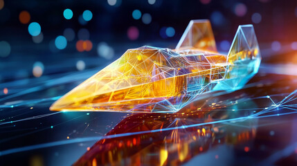 Poster - The hologram is a rocket. A spaceship made of polygons, triangles of points and lines. Journey to the stars low poly compound structure. Technology concept.