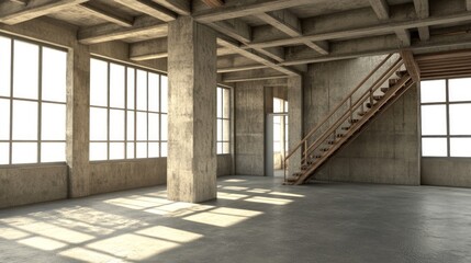 Poster - Sunlit empty loft interior with concrete columns, large windows, wooden stairs, and high ceilings.