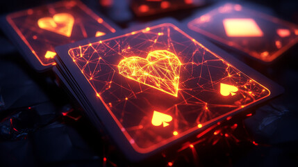 Poster - Hologram playing cards. A royal flush of polygons, triangles of points and lines. Poker is a low-poly compound structure. Technology concept.