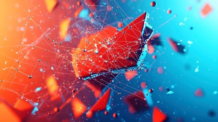 Poster - Geometric Connections in Technology, Abstract background featuring interconnected lines and dots, illuminated by soft, blurred lights, representing virtual particle structures in science.