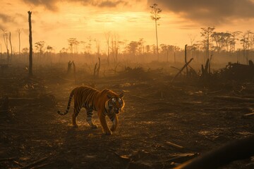 Wall Mural - solitary tiger traverses a deforested jungle at sunset highlighting habitat loss. generative ai