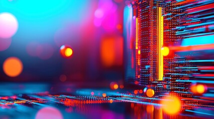 Poster - Geometric Connections in Technology, an abstract representation of interconnected lines and dots, featuring a blurred background of luminous round textures, symbolizing virtual particles in science.