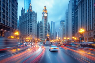 Aufkleber - Chicago city street at dusk, with blurred traffic and iconic architecture.