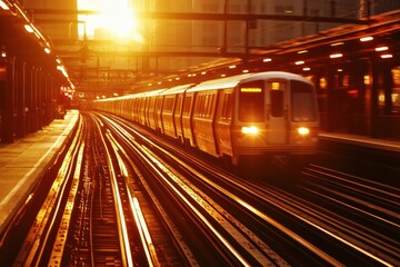 Leinwandbilder - Subway train arriving at station during sunset.