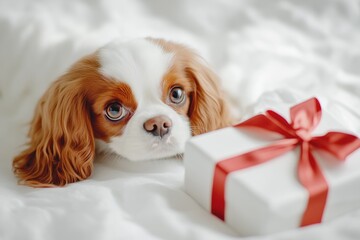 Wall Mural - Adorable Cavalier King Charles Spaniel puppy lying on a white bed next to a gift.