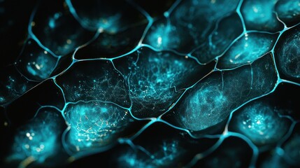 Aufkleber - Microscopic view of vibrant blue cells interconnected by a network.