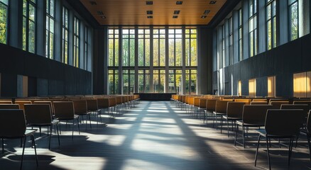 Poster - Sunlit modern hall with rows of empty chairs.