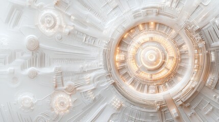 Poster - Abstract white technological circular design with glowing center.