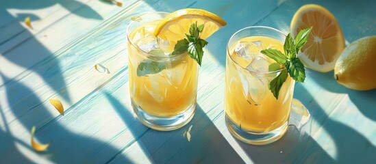 Poster - Two refreshing lemonade drinks with ice, lemon slices, and mint leaves on a sunny blue wooden table.