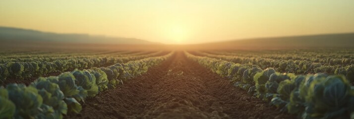 Poster - Sunrise over rows of young cabbage plants in a vast agricultural field.