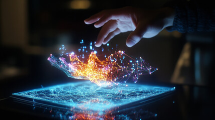 Poster - The hologram is blue paint. A brush in the paint of polygons, triangles of dots and lines. Paint drips from the brush low-poly structure of the compound. Technology concept.