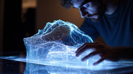 Poster - The hologram is blue paint. A brush in the paint of polygons, triangles of dots and lines. Paint drips from the brush low-poly structure of the compound. Technology concept.