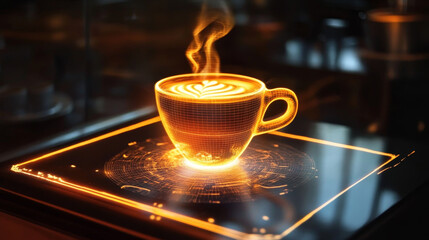 Poster - a hologram of coffee. holographic projection of a cup of coffee. a shimmering stream of particle ene