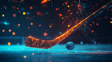 Poster - Hologram hockey. Hockey sticks and a puck made of polygons, triangles of dots and lines. Hockey icon is a low-poly compound structure. Technology concept vector.