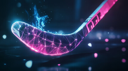 Poster - Hologram hockey. Hockey sticks and a puck made of polygons, triangles of dots and lines. Hockey icon is a low-poly compound structure. Technology concept vector.