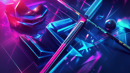 Poster - Hologram hockey. Hockey sticks and a puck made of polygons, triangles of dots and lines. Hockey icon is a low-poly compound structure. Technology concept vector.