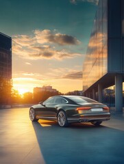 Poster - Luxury car parked in modern urban setting during sunset with dramatic sky and sleek architectural design. Generative AI