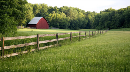 Wall Mural - red barn stands in lush green field next to wooden fence during golden hour in a rural landscape