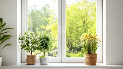 Leinwandbilder - Bright and inviting window view showcasing a colorful garden filled with lush greenery and blooming flowers. Generative AI