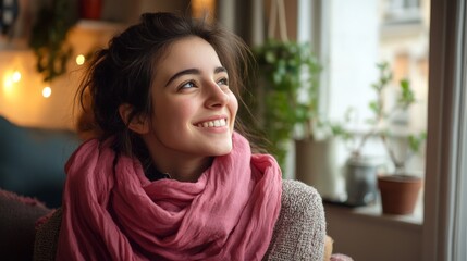 Wall Mural - Young caucasian female relaxing indoors with a happy smile in cozy setting