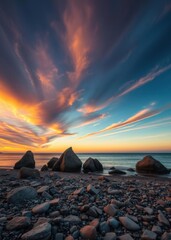 Wall Mural - Beach Wallpaper of Group of small rock formations and a dramatic sunset sky over the tranquil baltic sea in lithuania beach wallpaper Ultra realistic Photorealistic 