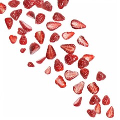 Poster - ripe strawberry pieces falling against a white background, creating a dynamic visual suitable for fo