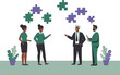 © AyeBeeKayyy - Business team discussion concept in a contemporary flat style vector. Illustration of a diverse group of people standing and engaging in conversation, symbolized by puzzle pieces above their heads.