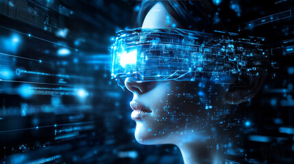 Poster - Hologram computer. Holographic projection desktop computer. Flickering energy flux of particles. Scientific technology design.