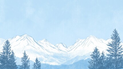 Aufkleber - Winter doodle of snowy mountains and pine trees showcasing a serene minimalist landscape in a tranquil setting. Generative AI