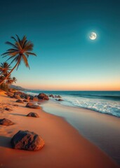 Wall Mural - Beach Wallpaper of Beach as well as full moon over the sea wallpaper background beach wallpaper summer wallpaper beach background tropical nature