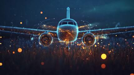 Poster - Hologram plane. A holographic projection of agricultural aircraft. Flickering energy flux of particles. The scientific design of the aircraft.
