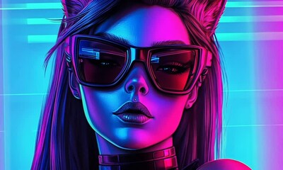 Wall Mural - Cyberpunk girl with cat ears, sunglasses, neon lighting.