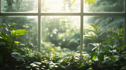 Aufkleber - Bright garden visible from the window with lush greenery and sunlight filtering through at golden hour. Generative AI