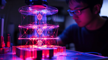 Poster - Hologram printer. The printer consists of polygons, triangles of points and lines. Printer icon low-poly connection structure. Technology concept vector.