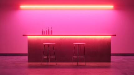 Poster - Bold pink neon linear light illuminating a simplistic bar with one stool, showcasing a perfect balance of modernity and minimalism.