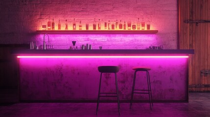 Poster - Bold pink neon linear light illuminating a simplistic bar with one stool, showcasing a perfect balance of modernity and minimalism.