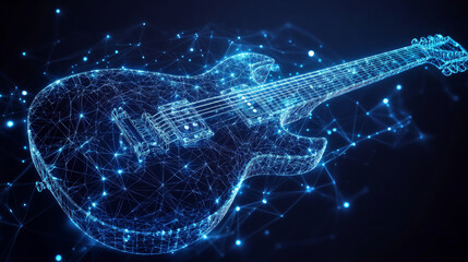 Poster - Hologram guitar. A guitar made of polygons, triangles of dots and lines. Guitar icon low poly connection structure. Technology concept vector.