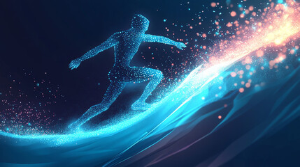 Poster - hologram surfing. a surfer made of polygons, triangles of dots and lines. surfing icon low-poly conn