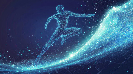 Poster - hologram surfing. a surfer made of polygons, triangles of dots and lines. surfing icon low-poly conn