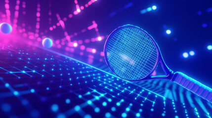 Poster - Hologram tennis. A tennis racket and a ball made of polygons, triangles of dots and lines. Tennis icon is a low-poly compound structure. Technology concept vector.