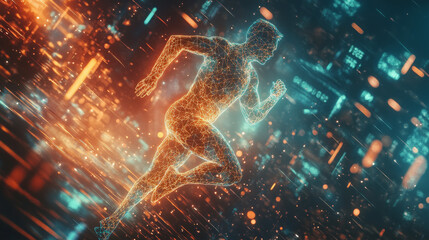 Poster - hologram running. runner logo of polygons, triangles of dots and lines. runner icon is a low-poly co