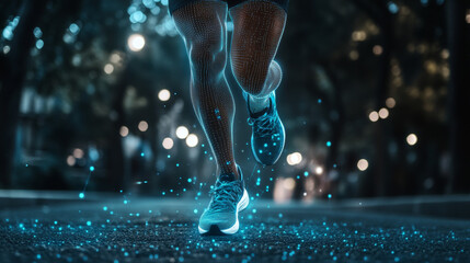 Poster - hologram running. runner logo of polygons, triangles of dots and lines. runner icon is a low-poly co