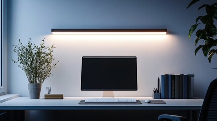 Poster - Minimalist workspace with a long, slim LED bar light over a monochrome desk setup, casting soft, focused light for productivity.