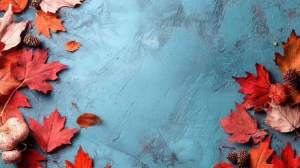 Poster - A vibrant arrangement of autumn leaves in shades of red and orange against a textured blue background, evoking a seasonal, cozy atmosphere.