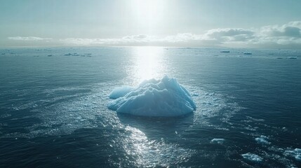 Fototapete - Melting iceberg floats in vast blue ocean under sunlight with clear sky. Generative AI