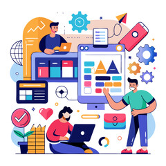 Poster - Designers create vibrant and innovative interfaces in a collaborative workspace with colorful elements