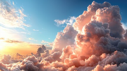 Poster - A stunning view of fluffy clouds illuminated by sunset hues, creating a serene and picturesque sky.