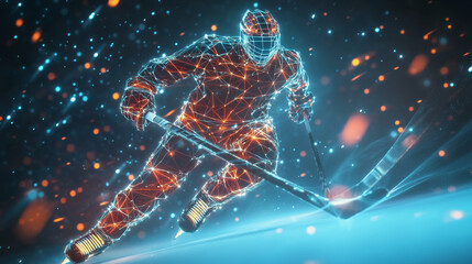 Poster - Hologram hockey. Consists of polygons, triangles of points and lines. Hockey player low poly compound structure. The technology concept.