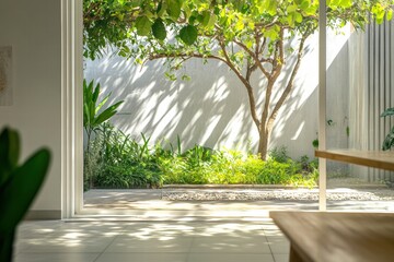 Poster - Bright garden view through spacious window with sunlight filtering through leaves. Generative AI